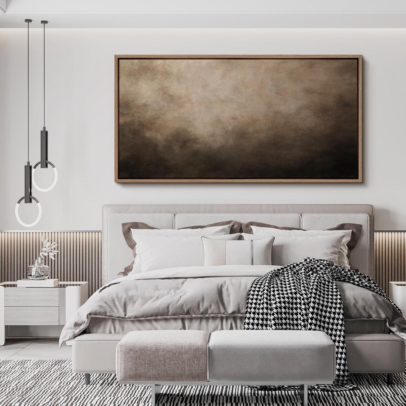 Dark Brown Abstract Wall Art, Large Framed Minimalist Earth Tone Canvas Print, Modern Neutral Misty Artwork for Living Room or Office Decor