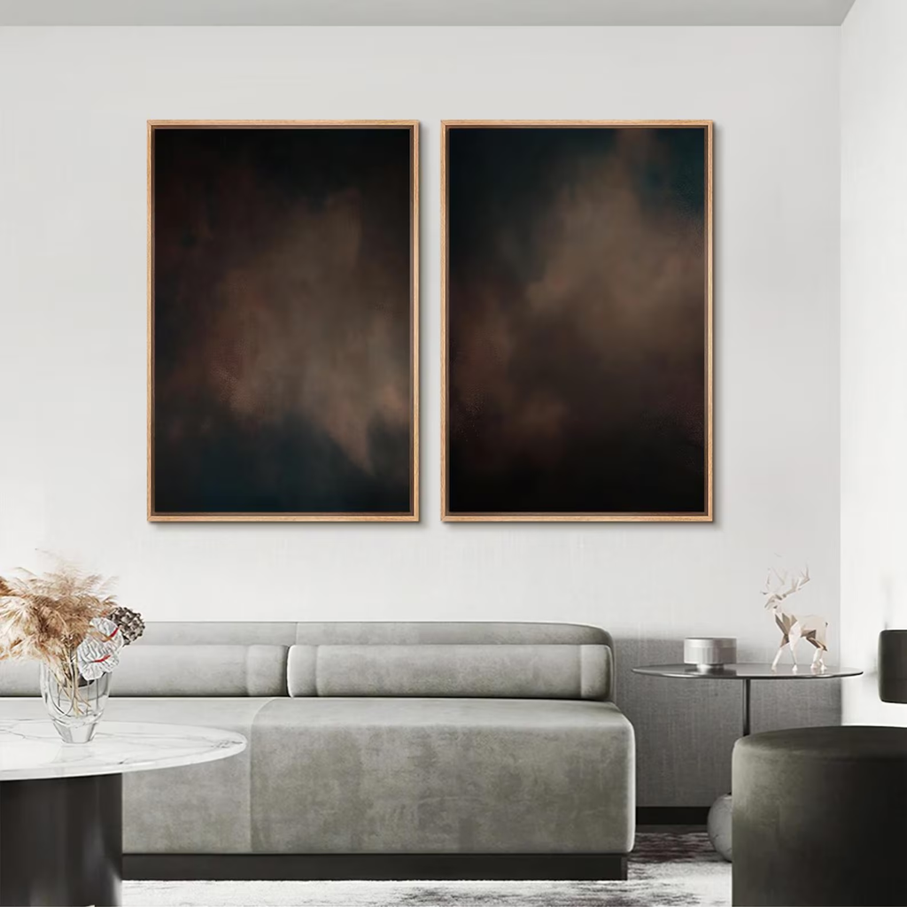 Dark Abstract Cloud Wall Art Set of 2 - Framed Moody Canvas Prints, Neutral Earth Tone Painting, Minimalist Living Room or Bedroom Decor