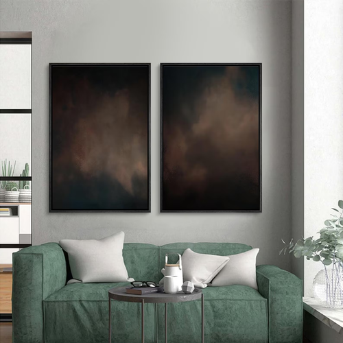 Dark Abstract Cloud Wall Art Set of 2 - Framed Moody Canvas Prints, Neutral Earth Tone Painting, Minimalist Living Room or Bedroom Decor