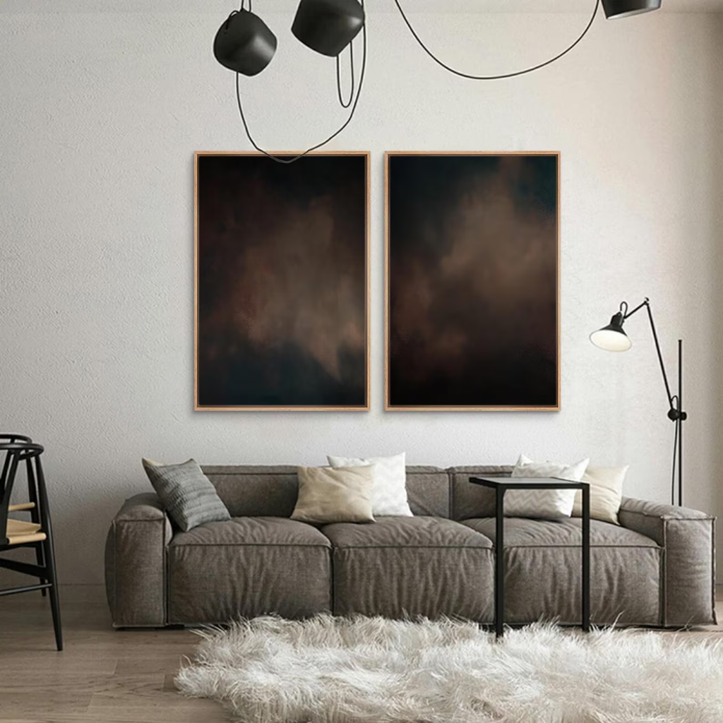 Dark Abstract Cloud Wall Art Set of 2 - Framed Moody Canvas Prints, Neutral Earth Tone Painting, Minimalist Living Room or Bedroom Decor