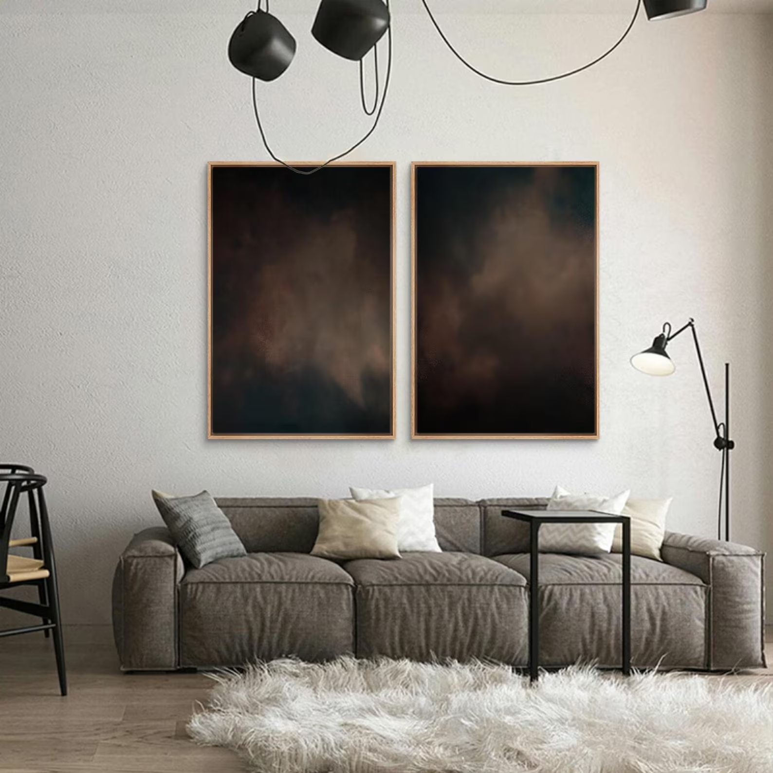 Dark Abstract Cloud Wall Art Set of 2 - Framed Moody Canvas Prints, Neutral Earth Tone Painting, Minimalist Living Room or Bedroom Decor