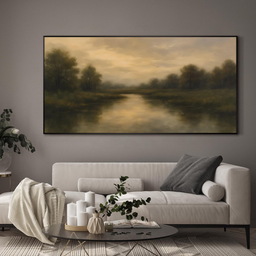 Extra Large Framed Wall Art, Moody Forest Lake Print, Golden Hour Landscape Painting in Soft Earth Tones, Tranquil Farmhouse Decor