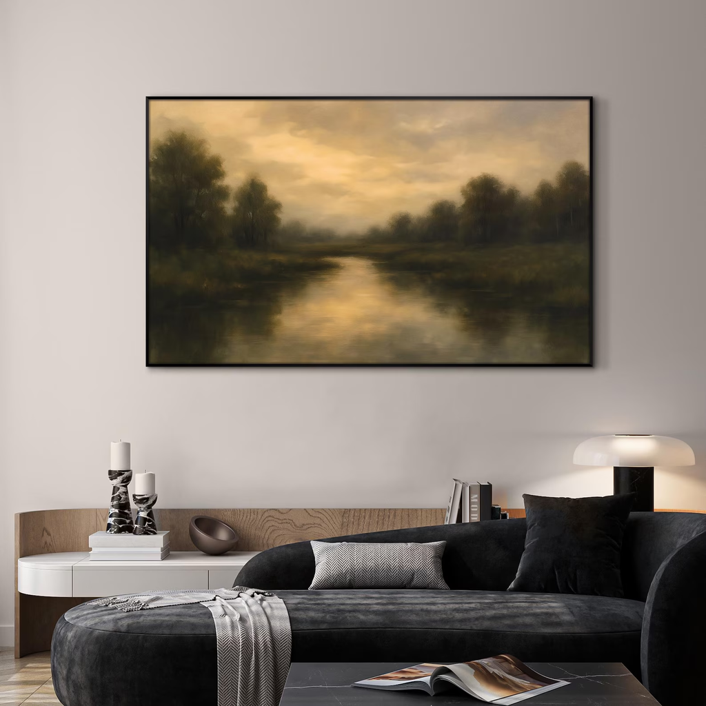 Extra Large Framed Wall Art, Moody Forest Lake Print, Golden Hour Landscape Painting in Soft Earth Tones, Tranquil Farmhouse Decor