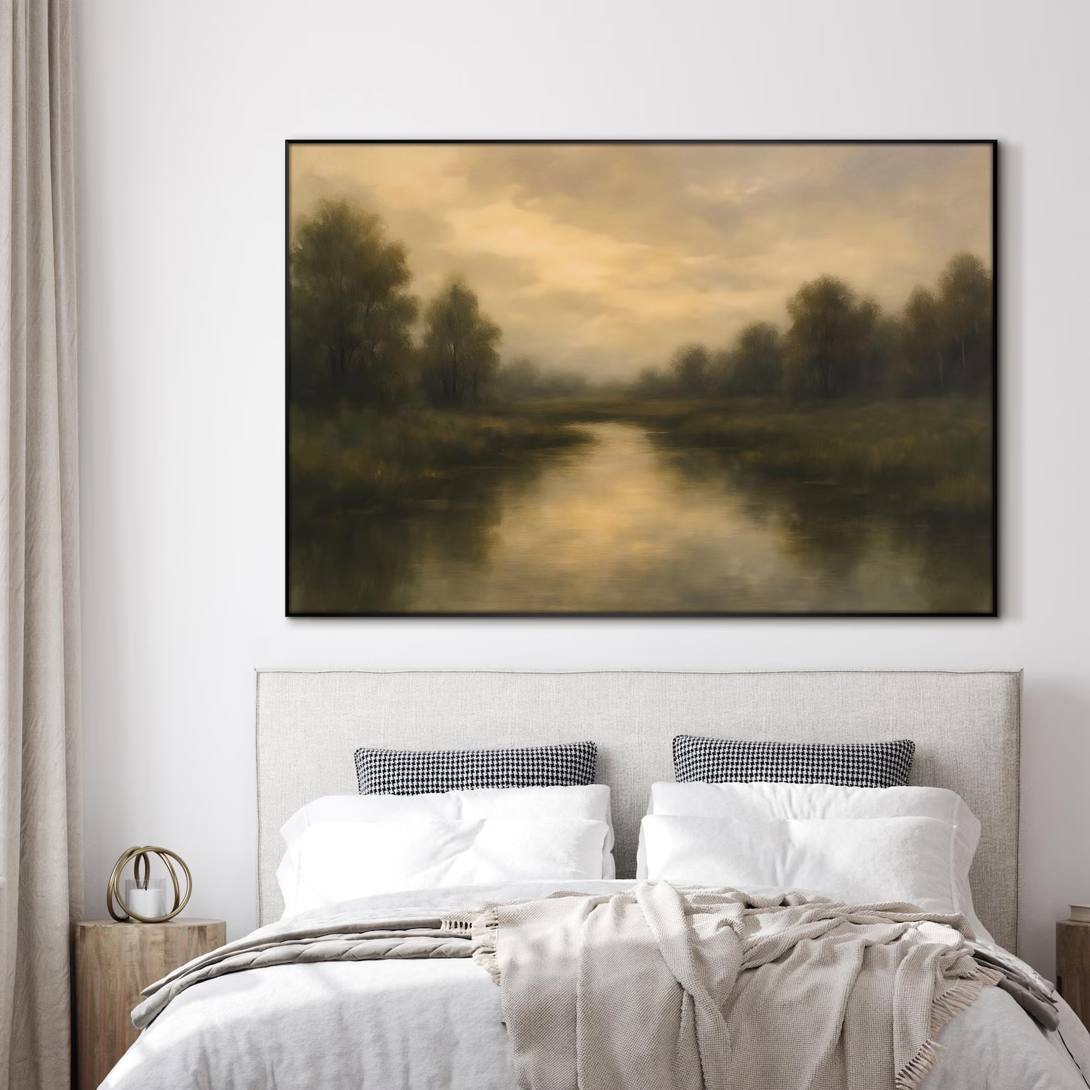 Extra Large Framed Wall Art, Moody Forest Lake Print, Golden Hour Landscape Painting in Soft Earth Tones, Tranquil Farmhouse Decor