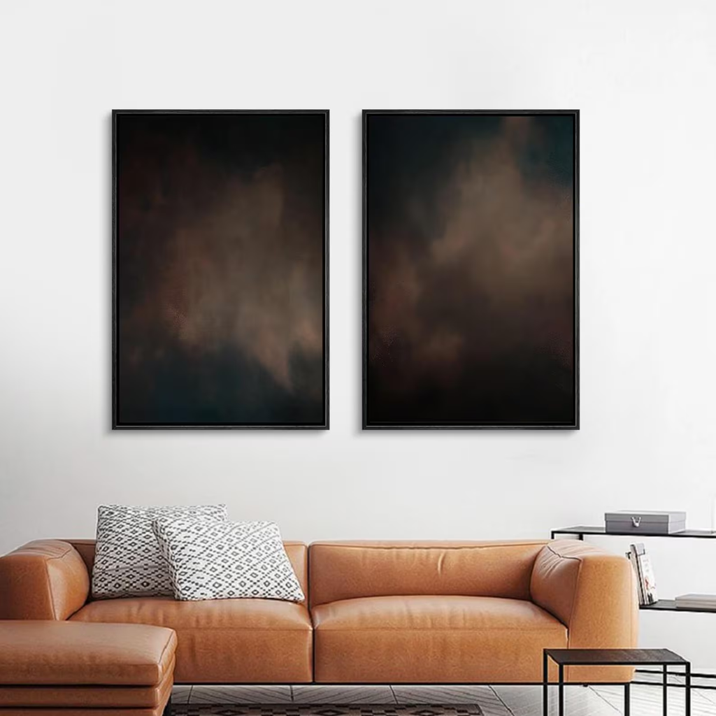 Dark Abstract Cloud Wall Art Set of 2 - Framed Moody Canvas Prints, Neutral Earth Tone Painting, Minimalist Living Room or Bedroom Decor