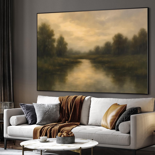 Extra Large Framed Wall Art, Moody Forest Lake Print, Golden Hour Landscape Painting in Soft Earth Tones, Tranquil Farmhouse Decor