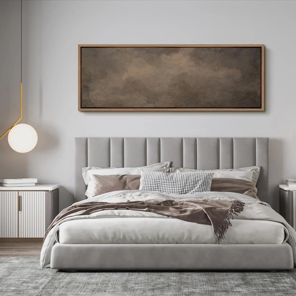 Large Dark Brown Cloud Wall Art, Framed Abstract Canvas Print, Moody Neutral Atmosphere Painting, Minimalist Wabi Sabi Decor for Living Room