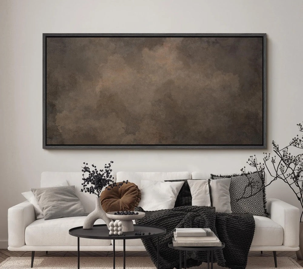 Large Dark Brown Cloud Wall Art, Framed Abstract Canvas Print, Moody Neutral Atmosphere Painting, Minimalist Wabi Sabi Decor for Living Room