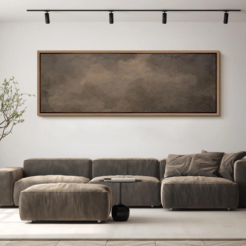 Large Dark Brown Cloud Wall Art, Framed Abstract Canvas Print, Moody Neutral Atmosphere Painting, Minimalist Wabi Sabi Decor for Living Room
