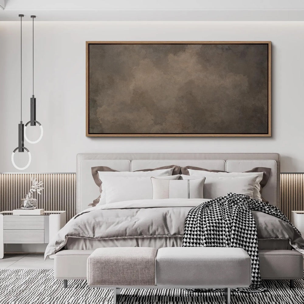 Large Dark Brown Cloud Wall Art, Framed Abstract Canvas Print, Moody Neutral Atmosphere Painting, Minimalist Wabi Sabi Decor for Living Room