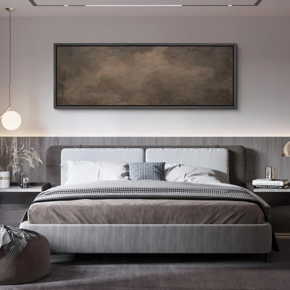 Large Dark Brown Cloud Wall Art, Framed Abstract Canvas Print, Moody Neutral Atmosphere Painting, Minimalist Wabi Sabi Decor for Living Room