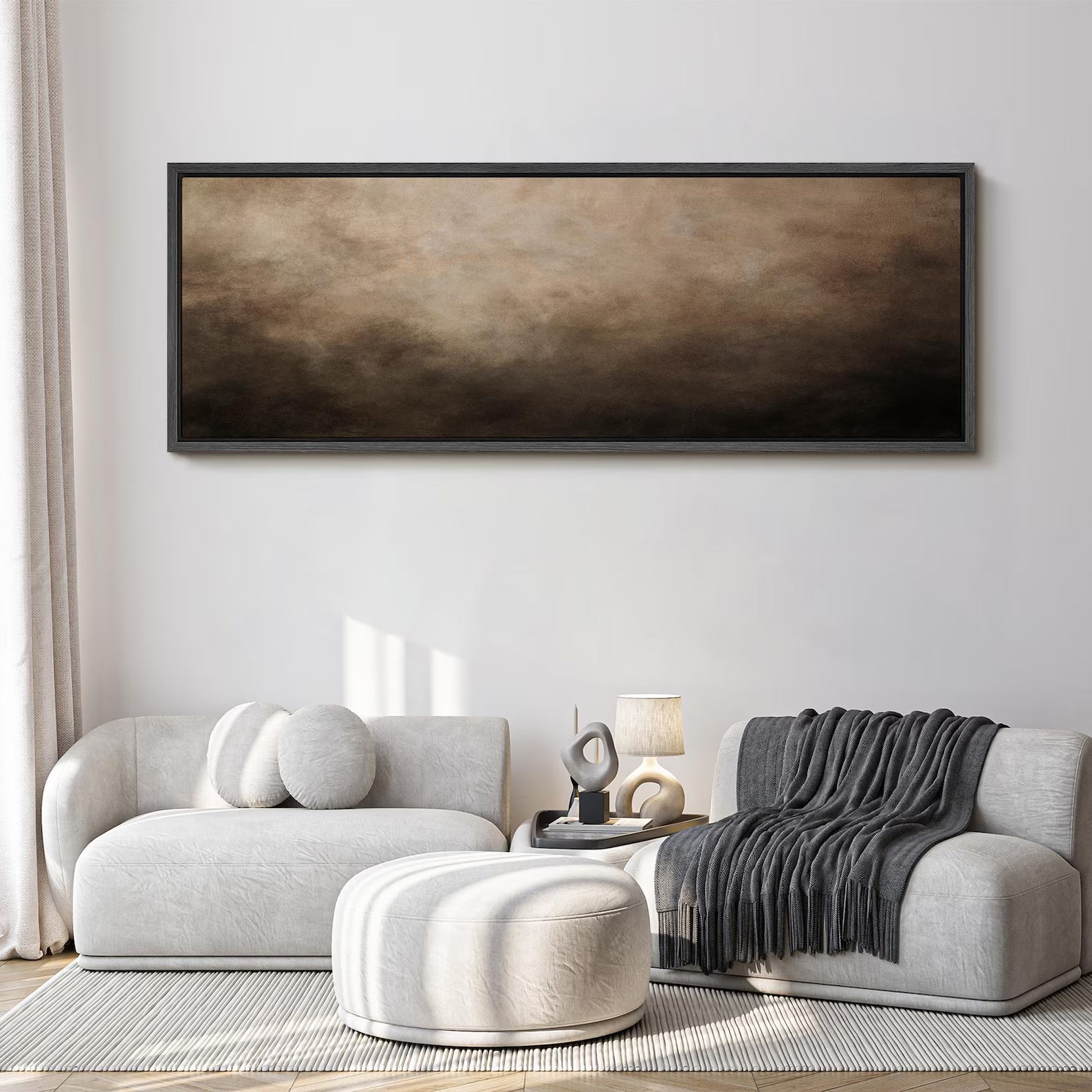Dark Brown Abstract Wall Art, Large Framed Minimalist Earth Tone Canvas Print, Modern Neutral Misty Artwork for Living Room or Office Decor