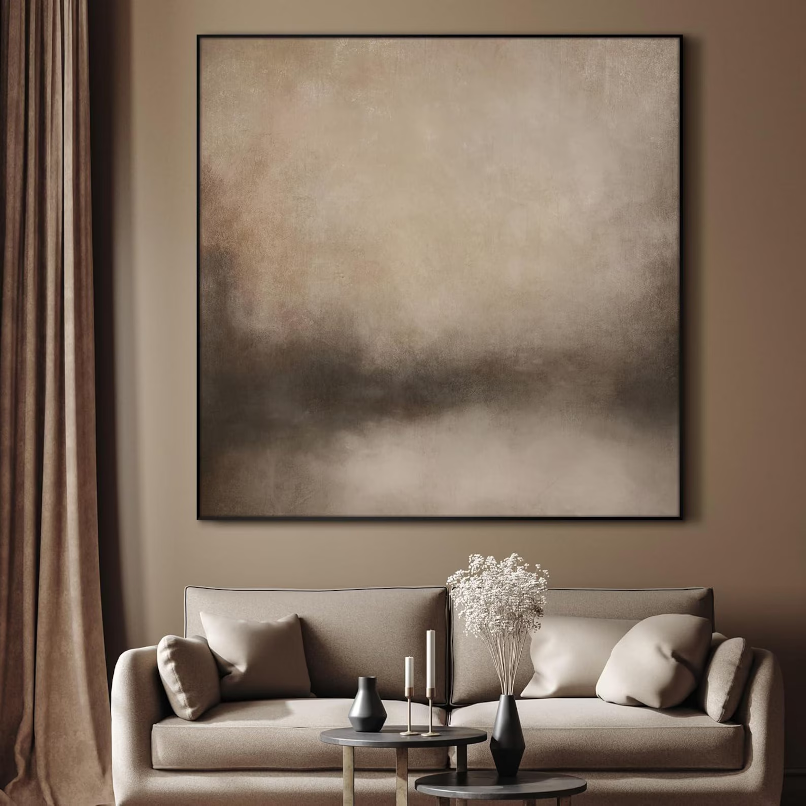 Neutral Abstract Landscape - Extra Large Framed Wall Art, Minimalist Beige Earth Tone Print, Modern Calm Nature Decor for Living Room