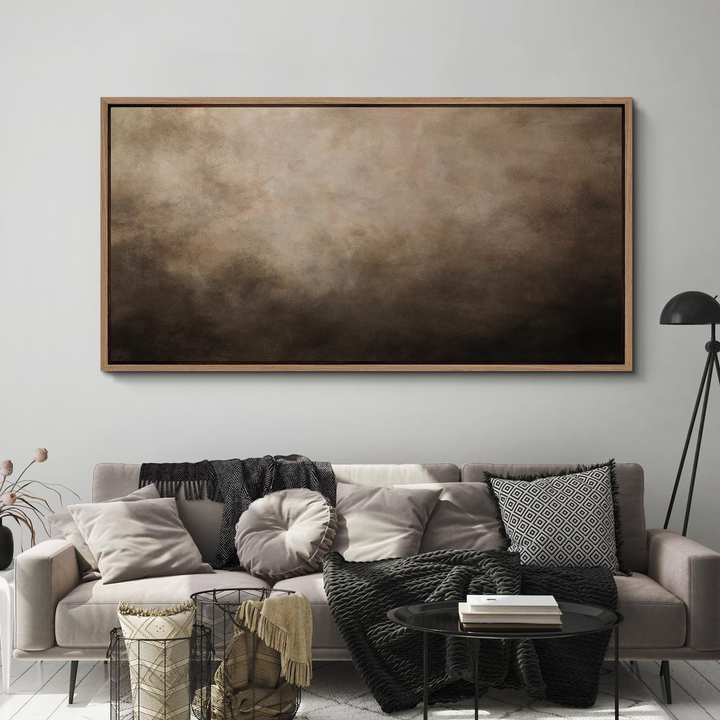 Dark Brown Abstract Wall Art, Large Framed Minimalist Earth Tone Canvas Print, Modern Neutral Misty Artwork for Living Room or Office Decor