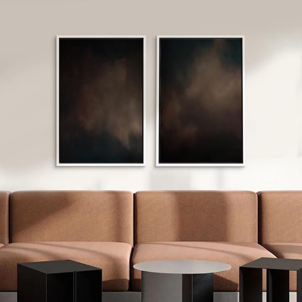 Dark Abstract Cloud Wall Art Set of 2 - Framed Moody Canvas Prints, Neutral Earth Tone Painting, Minimalist Living Room or Bedroom Decor