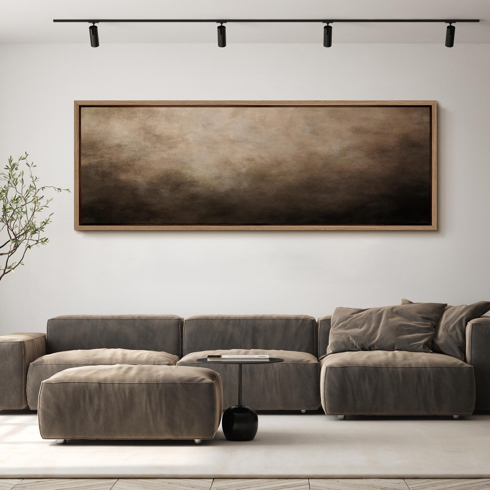Dark Brown Abstract Wall Art, Large Framed Minimalist Earth Tone Canvas Print, Modern Neutral Misty Artwork for Living Room or Office Decor